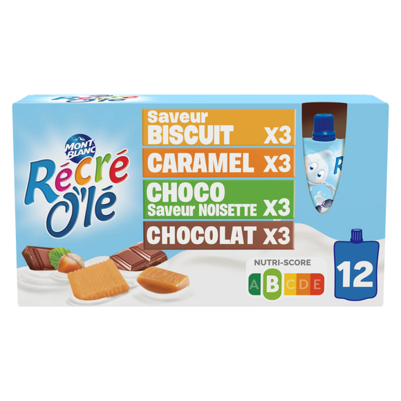 Goûter laitier Chocolat, Caramel, Saveur Biscuit, Chocolat Saveur Noisette RÉCRÉ O'LÉ 12x85g