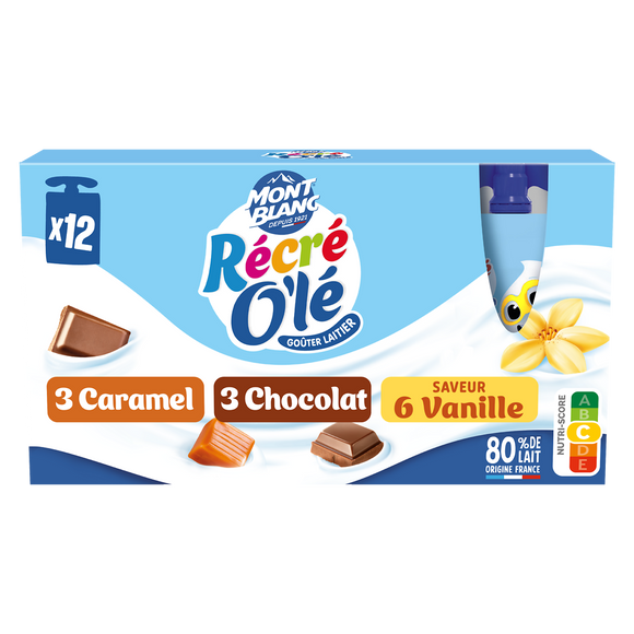 Goûter laitier Gourdes Chocolat, Saveur Vanille, Caramel RÉCRÉ O'LÉ 12x85g
