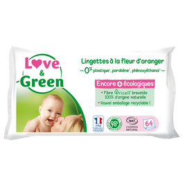 Lingettes hypoallergéniques fleurs d'oranger peaux sensibles LOVE&GREEN,  x64