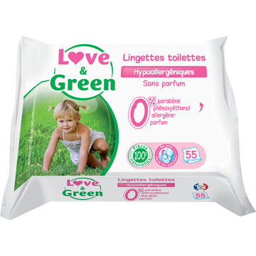 Lingettes de toilettes hypoallergéniques LOVE&GREEN, x55