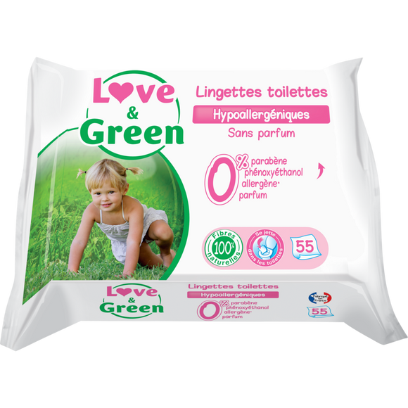 Lingettes de toilettes hypoallergéniques LOVE&GREEN, x55