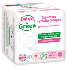 Serviettes hygiéniques hypoallergéniques 0% anti irritation LOVE&GREEN, x14