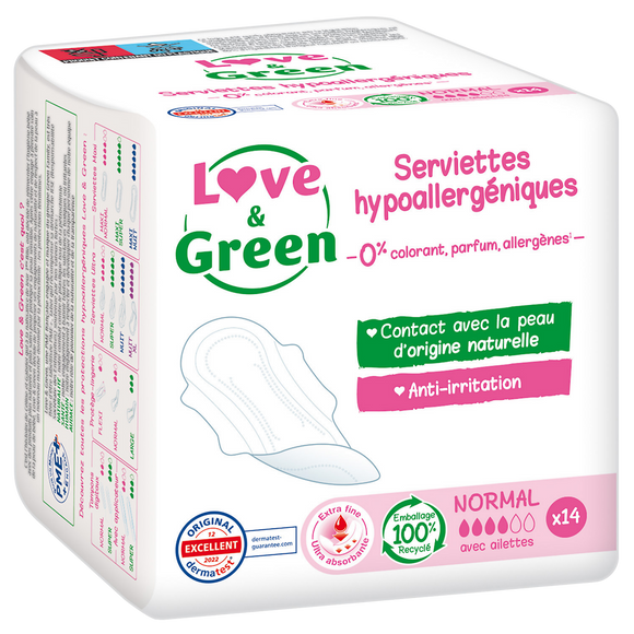 Serviettes hygiéniques hypoallergéniques 0% anti irritation LOVE&GREEN, x14