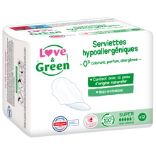 Serviettes hygiéniques super hypoallergéniques LOVE&GREEN, x12