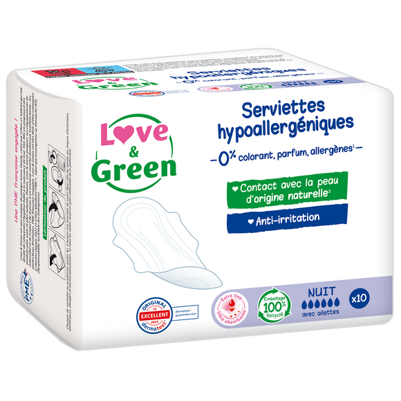 Serviettes hygiéniques nuit hypoallergéniques LOVE&GREEN, x10