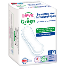 Serviettes hygiéniques maxi hypoallergéniques 0% anti irritation LOVE&GREEN, x12