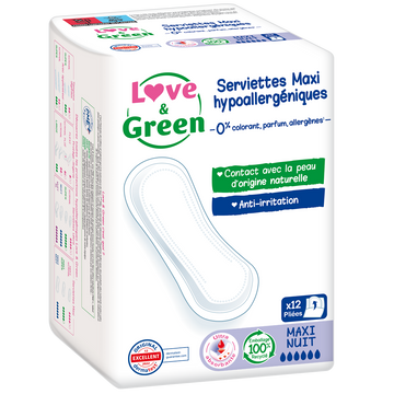 Serviettes hygiéniques maxi hypoallergéniques 0% anti irritation LOVE&GREEN, x12