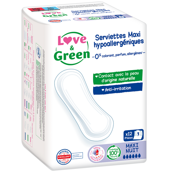 Serviettes hygiéniques maxi hypoallergéniques 0% anti irritation LOVE&GREEN, x12