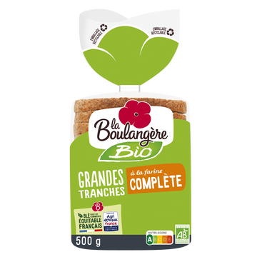 Pain de mie grandes tranches complet bio LA BOULANGERE - 12 tranches -500g