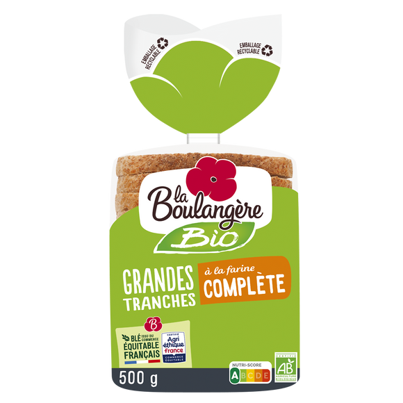 Pain de mie grandes tranches complet bio LA BOULANGERE - 12 tranches -500g