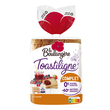 Pain de mie grandes tranches complet Toastiligne LA BOULANGERE - 12 tranches - 500g