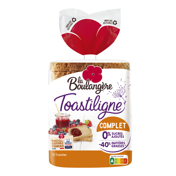 Pain de mie grandes tranches complet Toastiligne LA BOULANGERE - 12 tranches - 500g