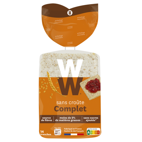 Pain de mie sans croute complet WW - 14 tranches , 330g