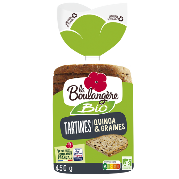 Pain Tartines quinoa et céréales bio LA BOULANGERE - 12 tranches - 450g