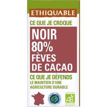 Chocolat noir 80% fèves de cacao Equateur bio ETHIQUABLE, tablette de100g