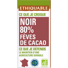 ETHIQUABLE - Chocolat noir 80% fèves de cacao BIO - la tablette de 100g