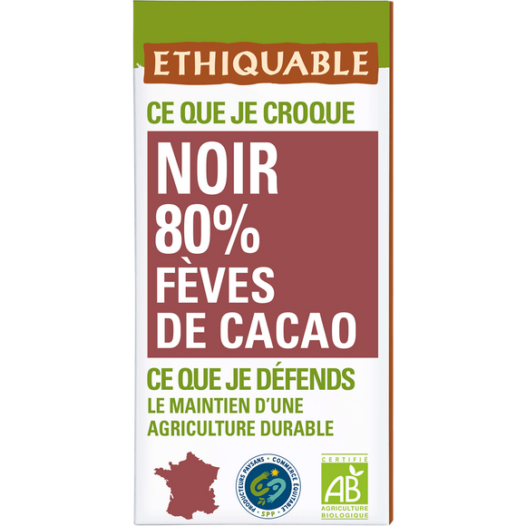 ETHIQUABLE - Chocolat noir 80% fèves de cacao BIO - la tablette de 100g