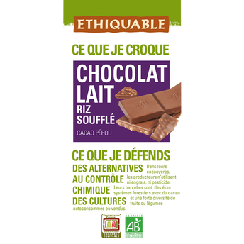 Chocolat au lait et riz soufflé BIO ETHIQUABLE, Tablette 100g