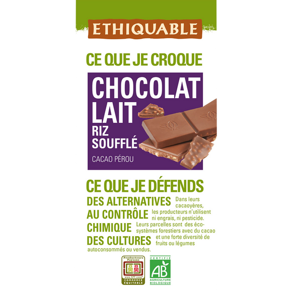 ETHIQUABLE - Chocolat lait riz soufflé BIO - la tablette de 100g