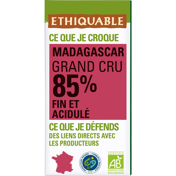 Chocolat noir 85% cacao Madagascar bio ETHIQUABLE, Tablette 100g