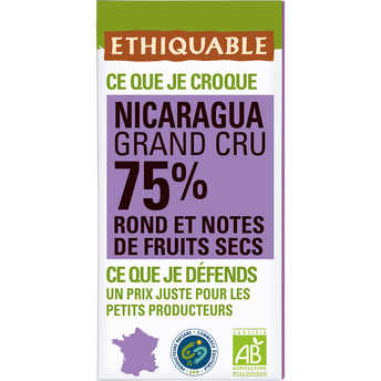 Chocolat noir 75% de cacao Nicaragua bio ETHIQUABLE, Tablette 100g