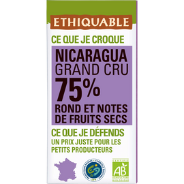 ETHIQUABLE - Chocolat noir 75% Nicaragua BIO - la tablette de 100g