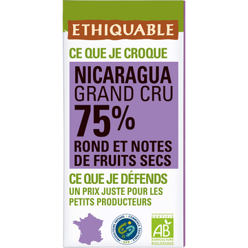 ETHIQUABLE - Chocolat noir 75% Nicaragua BIO - la tablette de 100g