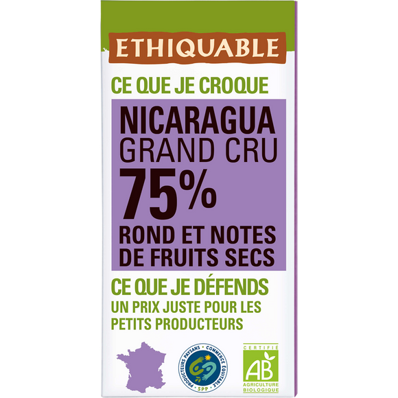 ETHIQUABLE - Chocolat noir 75% Nicaragua BIO - la tablette de 100g