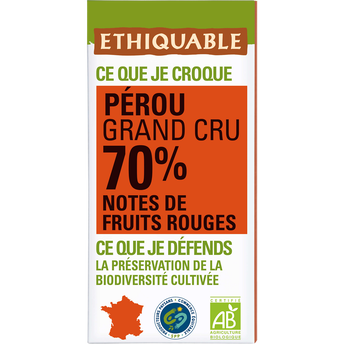Chocolat noir 70% de cacao Pérou bio ETHIQUABLE, Tablette 100g
