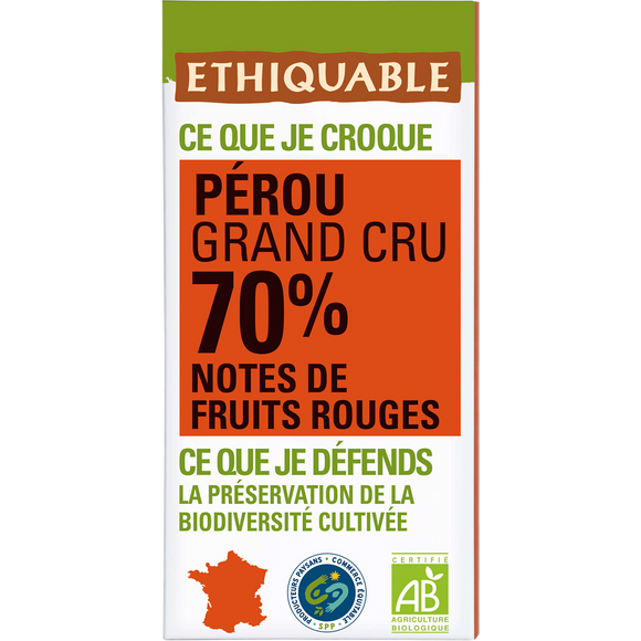 ETHIQUABLE - Chocolat noir 70% Pérou BIO - la tablette de 100g