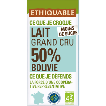 Chocolat au lait 50% Madagascar bio ETHIQUABLE, Tablette 100g