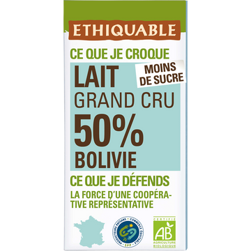 ETHIQUABLE - Chocolat au lait 50% Bolivie BIO - la tablette de 100g