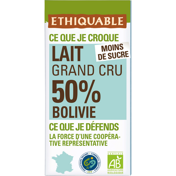 ETHIQUABLE - Chocolat au lait 50% Bolivie BIO - la tablette de 100g