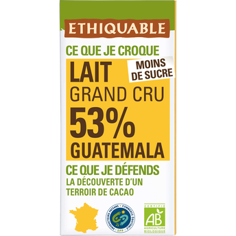 Chocolat au lait 53% Equateur bio ETHIQUABLE, Tablette 100g