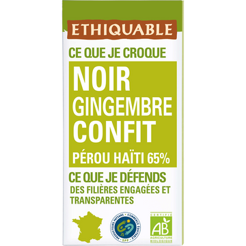 ETHIQUABLE - Chocolat noir gingembre confit BIO - la tablette de 100g