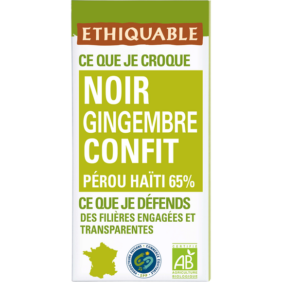 ETHIQUABLE - Chocolat noir gingembre confit BIO - la tablette de 100g