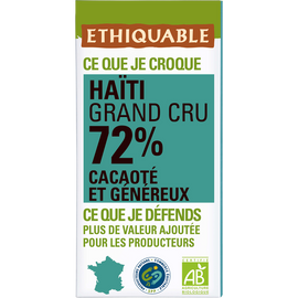 ETHIQUABLE - Chocolat noir 72% Haïti BIO - la tablette de 100g