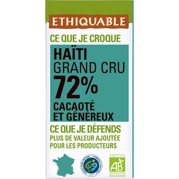 ETHIQUABLE - Chocolat noir 72% Haïti BIO - la tablette de 100g