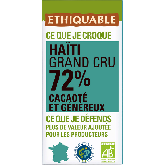 ETHIQUABLE - Chocolat noir 72% Haïti BIO - la tablette de 100g