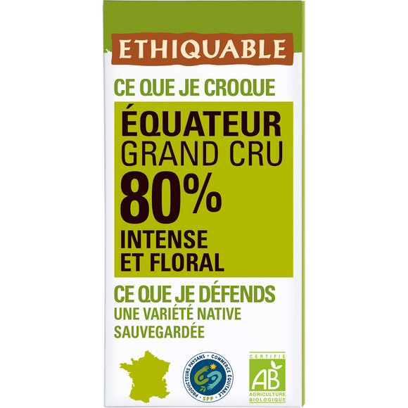 ETHIQUABLE - Chocolat noir 80% Equateur BIO - la tablette de 100g