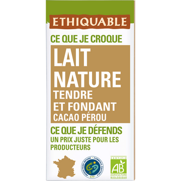 ETHIQUABLE - Chocolat au lait nature BIO - la tablette de 100g