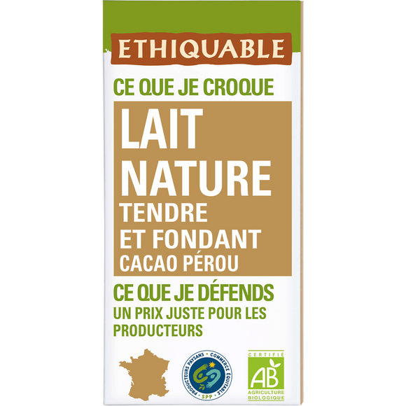 ETHIQUABLE - Chocolat au lait nature BIO - la tablette de 100g