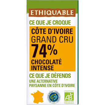 Chocolat noir 74% cacao Cote d'Ivoire bio ETHIQUABLE, Tablette 100g