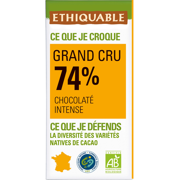 ETHIQUABLE - Chocolat noir 74% Côte d'Ivoire BIO - la tablette de 100g