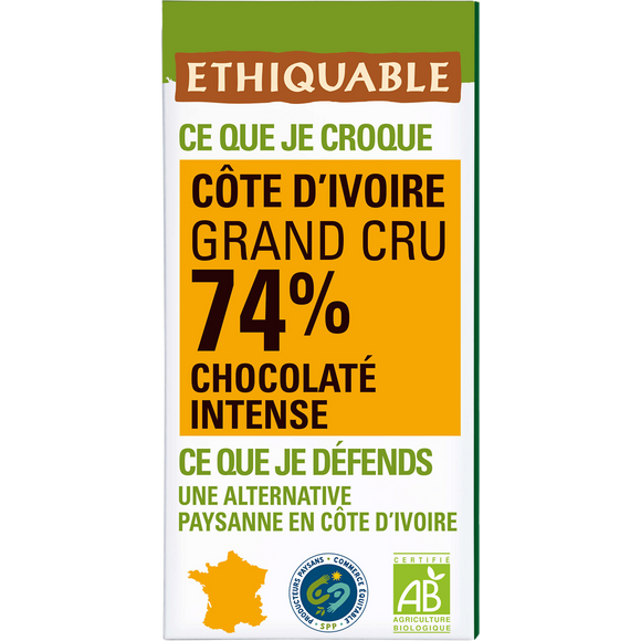 ETHIQUABLE - Chocolat noir 74% Côte d'Ivoire BIO - la tablette de 100g