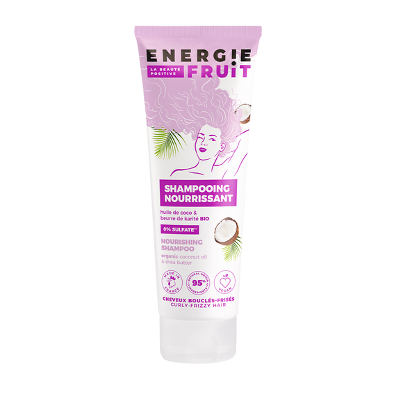 Shampooing nourrissant pour cheveux ondulés et bouclés parfum coco etbeurre de karité ENERGIE FRUIT, flacon de 250ml