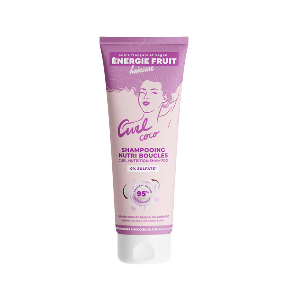 Shampooing nourrissant pour cheveux ondulés et bouclés parfum coco etbeurre de karité ENERGIE FRUIT, flacon de 250ml