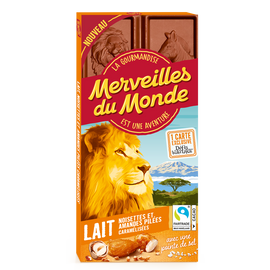 Chocolat lait pointe de sel noisettes amandes pilées, MERVEILLES DU MONDE 100g