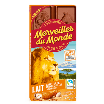 Chocolat lait pointe de sel noisettes amandes pilées, MERVEILLES DU MONDE 100g