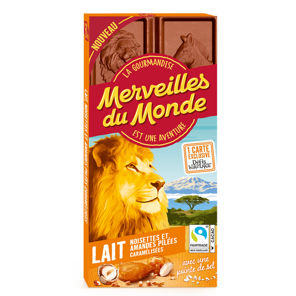 Chocolat lait pointe de sel noisettes amandes pilées, MERVEILLES DU MONDE 100g